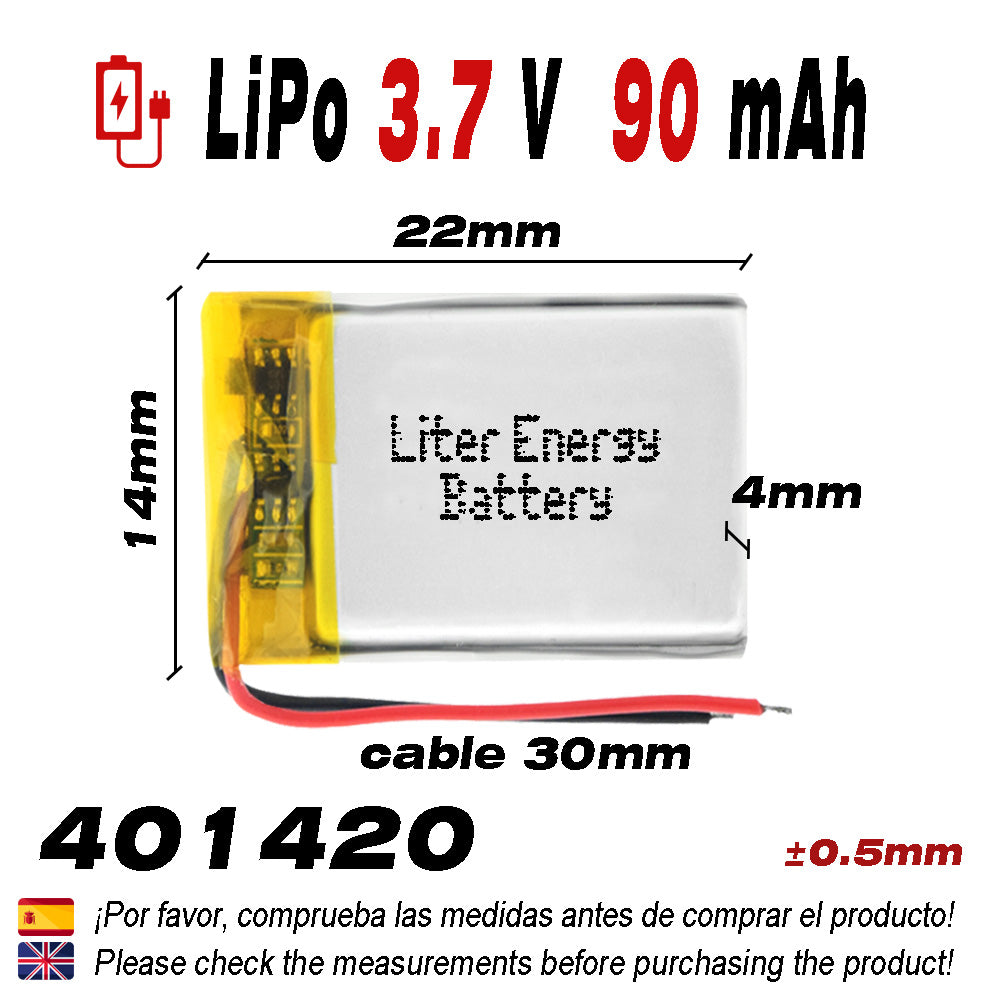 Batería 401420 LiPo 3.7V 90mAh 0.333Wh 1S 5C Liter Energy Battery para Electrónica Recargable teléfono portátil vídeo smartwatch reloj GPS - No apta para Radio Control 22x14x4mm (90mAh|401420)