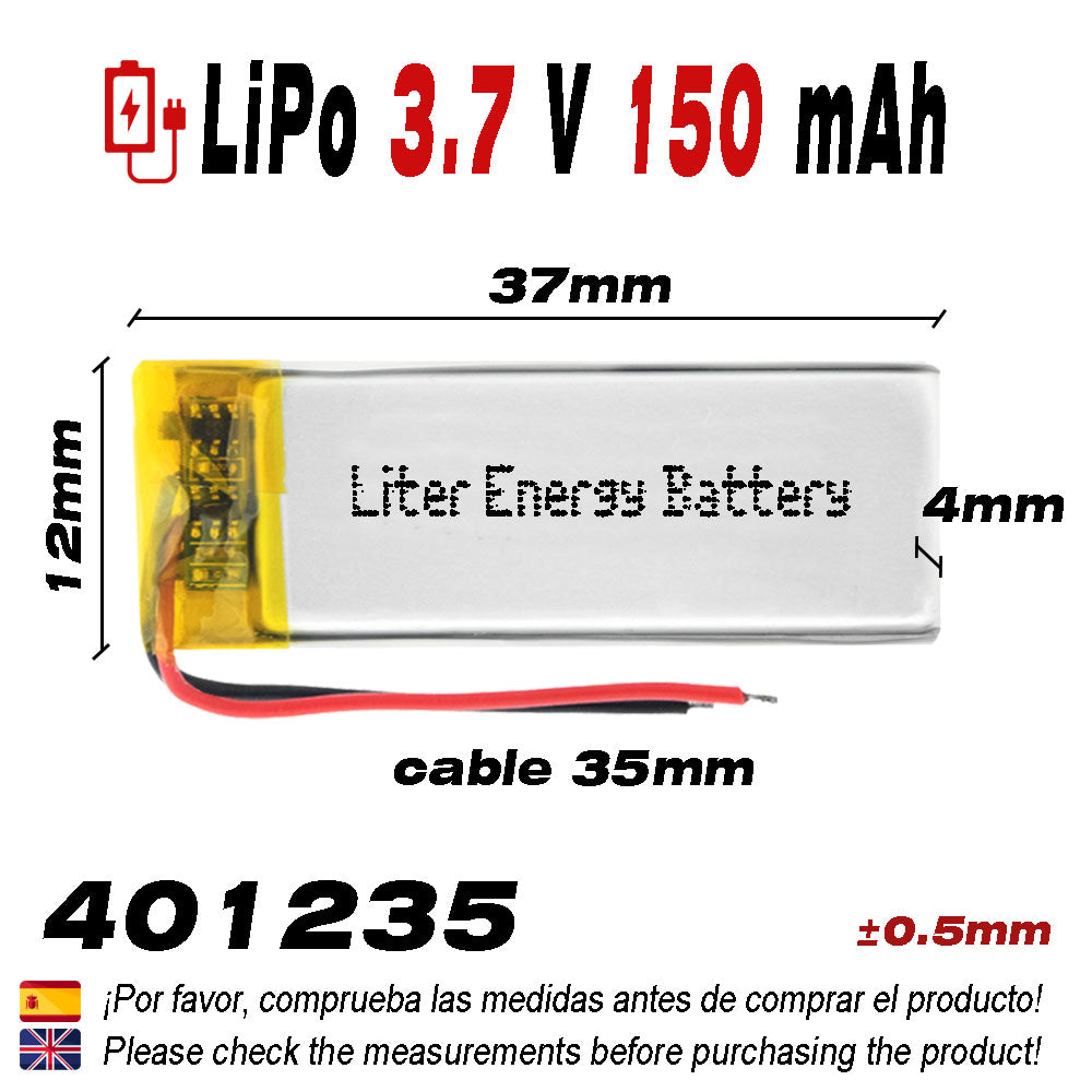 Batería 401235 LiPo 3.7V 150mAh 0.555Wh 1S 5C Liter Energy Battery para Electrónica Recargable teléfono portátil vídeo smartwatch reloj GPS - No apta para Radio Control 37x12x4mm (150mAh|401235)
