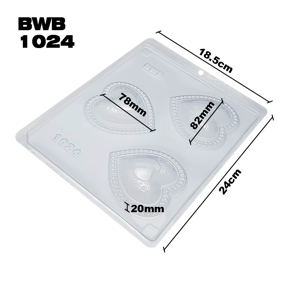 BWB 1024 Molde Jabones Corazón decorado Forma Simples de 3 Cavidades de Plástico PET Transparente Tridimensional para jabones artesanales y jabón hecho a mano Accesorios y utensilios