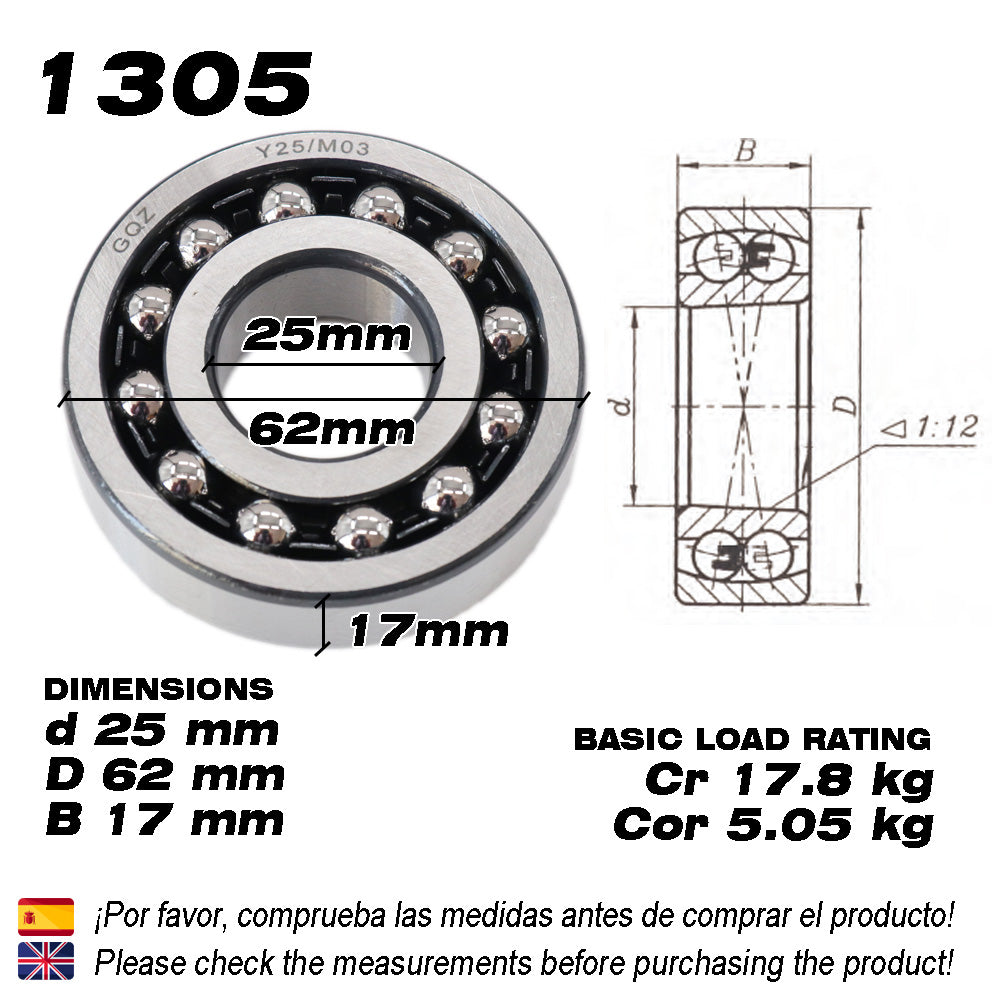 GQZ Bearing 1305 Rodamiento de bolas autoalineables de doble hilera 25x62x17mm Double Row Self-Aligning Ball Bearings de alta precisión de Metal para bricolaje mecánico Peso 0.257kg|1305