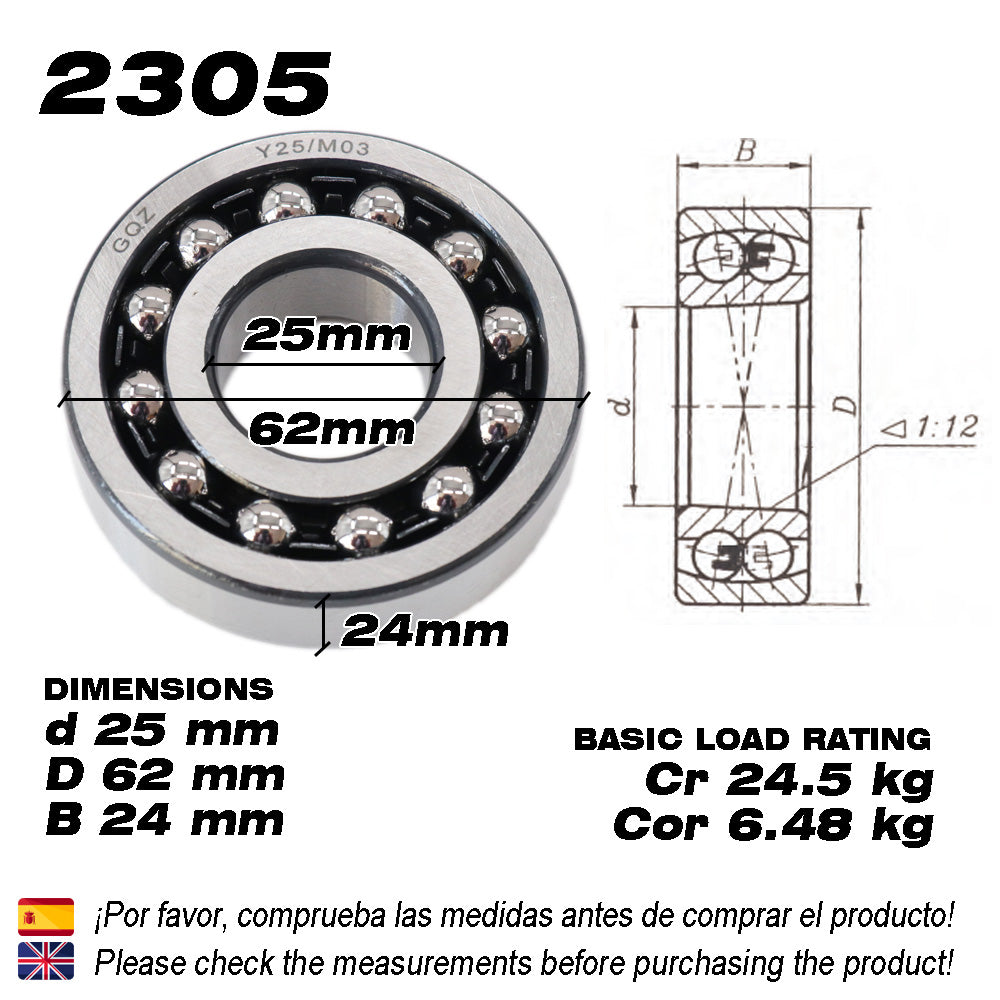 GQZ Bearing 2305 Rodamiento de bolas autoalineables de doble hilera 25x62x24mm Double Row Self-Aligning Ball Bearings de alta precisión de Metal para bricolaje mecánico Peso 0.343kg|2305