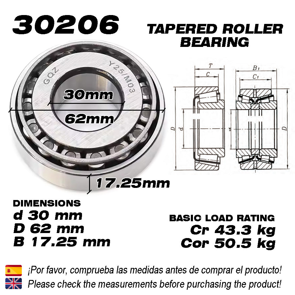 GQZ Bearing 30206 Rodamiento de cono y copa de rodillos cónicos 30x62x17.25mm Tapered Roller Bearing de alta precisión de Metal para bricolaje y dispositivos mecánicos Peso 0.23kg |30206