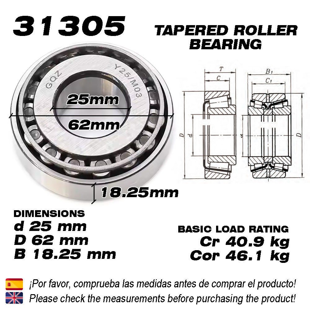 GQZ Bearing 31305 Rodamiento de cono y copa de rodillos cónicos 25x62x18.25mm Tapered Roller Bearing de alta precisión de Metal para bricolaje y dispositivos mecánicos Peso 0.262kg|31305