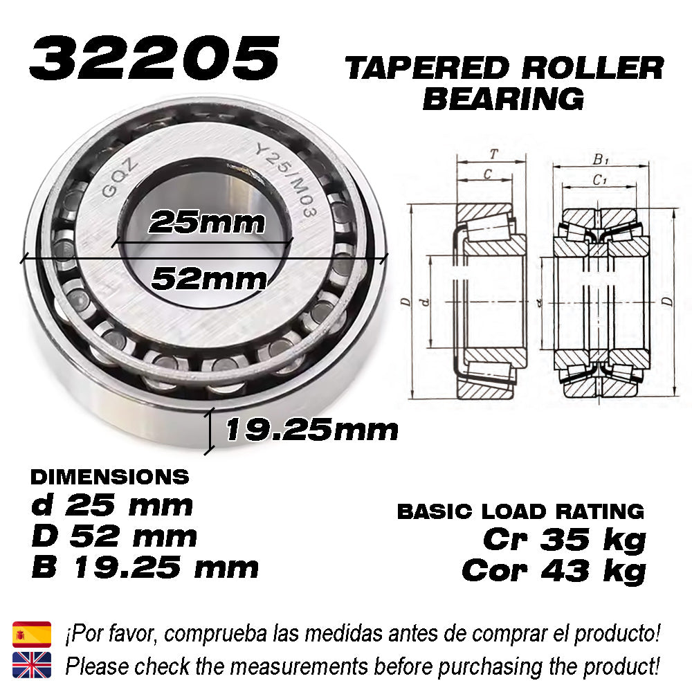 GQZ Bearing 32205 Rodamiento de cono y copa de rodillos cónicos 25x52x19.25mm Tapered Roller Bearing de alta precisión de Metal para bricolaje y dispositivos mecánicos Peso 0.183kg|32205