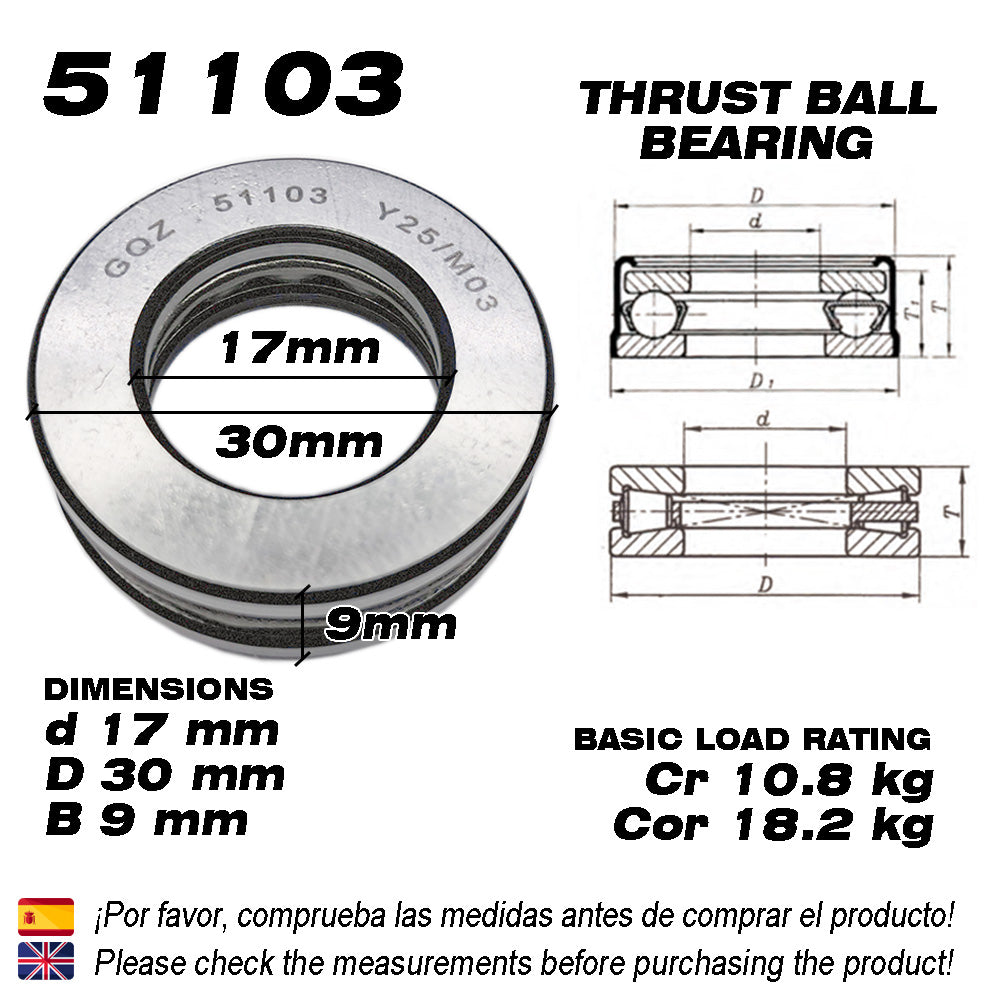 GQZ Bearing 51103 Rodamiento rígido axial de bolas 17x30x9mm Axial Ball Thrust Bearing rodamiento de bolas de empuje, rodamiento axial plano de vía convexa Peso 0.025kg |51103