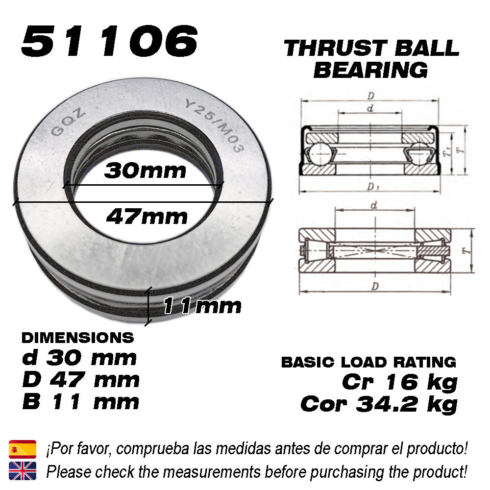 GQZ Bearing 51106 Rodamiento rígido axial de bolas 30x47x11mm Axial Ball Thrust Bearing rodamiento de bolas de empuje, rodamiento axial plano de vía convexa Peso 0.065kg |51106
