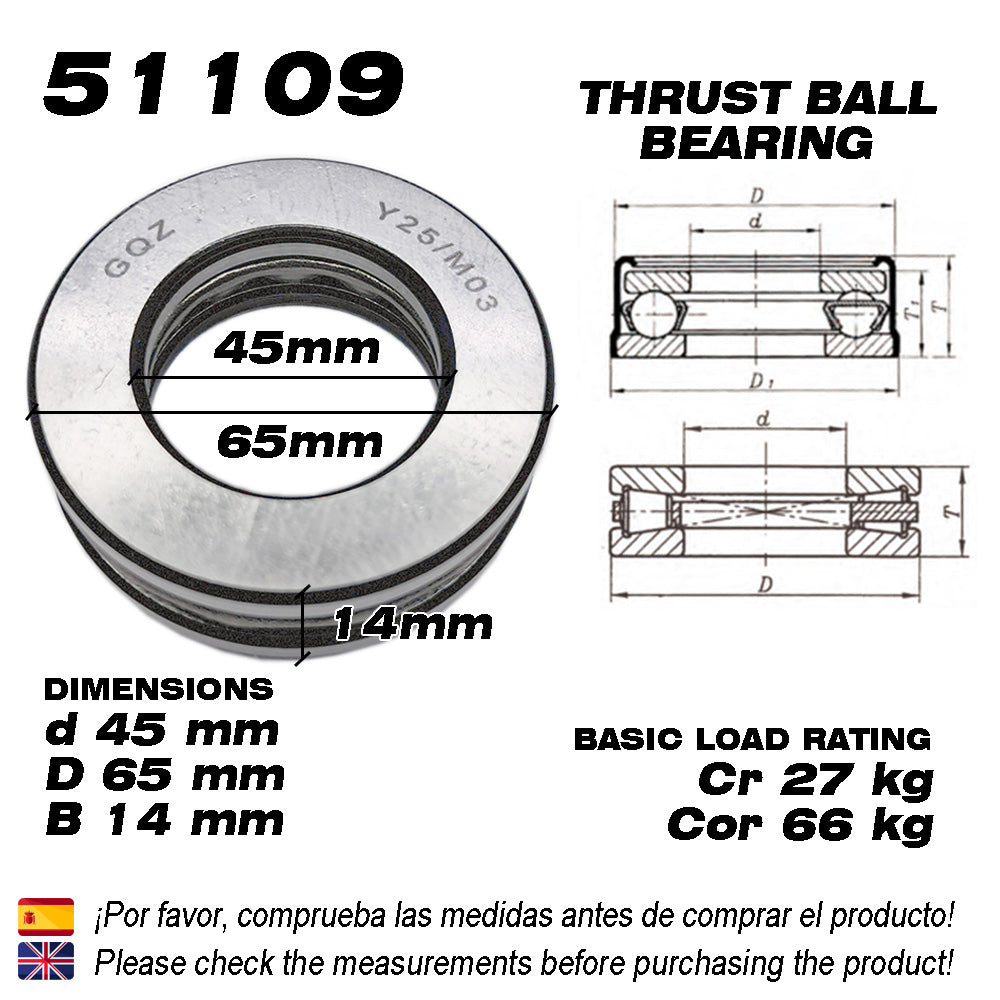 GQZ Bearing 51109 Rodamiento rígido axial de bolas 45x65x14mm Axial Ball Thrust Bearing rodamiento de bolas de empuje, rodamiento axial plano de vía convexa Peso 0.14kg |51109