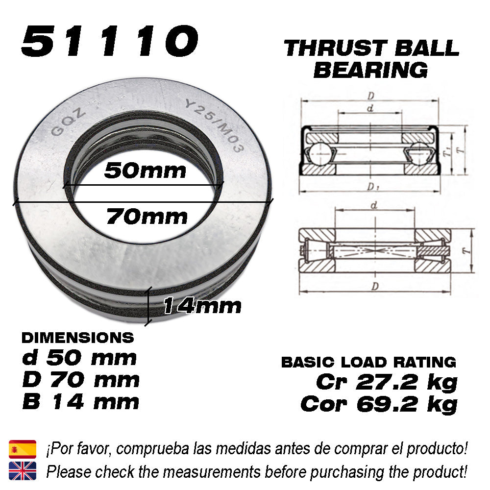 GQZ Bearing 51110 Rodamiento rígido axial de bolas 50x70x14mm Axial Ball Thrust Bearing rodamiento de bolas de empuje, rodamiento axial plano de vía convexa Peso 0.148kg |51110