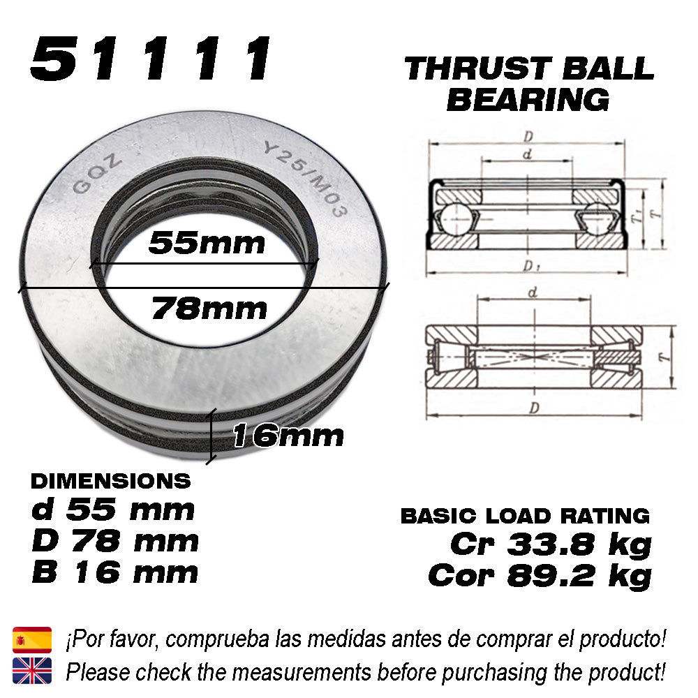 GQZ Bearing 51111 Rodamiento rígido axial de bolas 55x78x16mm Axial Ball Thrust Bearing rodamiento de bolas de empuje, rodamiento axial plano de vía convexa Peso 0.228kg |51111