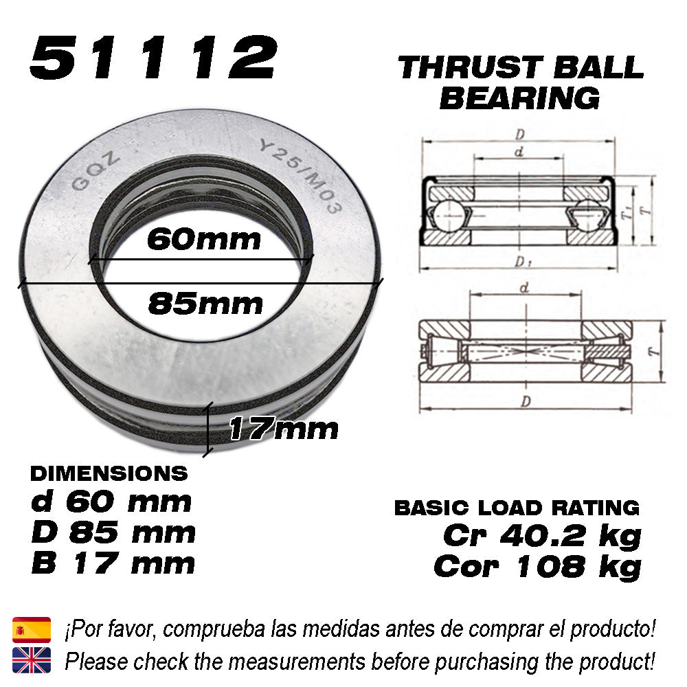 GQZ Bearing 51112 Rodamiento rígido axial de bolas 60x85x17mm Axial Ball Thrust Bearing rodamiento de bolas de empuje, rodamiento axial plano de vía convexa Peso 0.284kg |51112