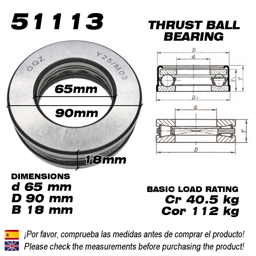 GQZ Bearing 51113 Rodamiento rígido axial de bolas 65x90x18mm Axial Ball Thrust Bearing rodamiento de bolas de empuje, rodamiento axial plano de vía convexa Peso 0.324kg |51113