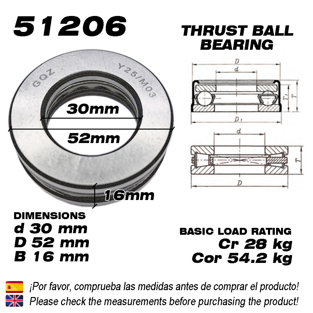 GQZ Bearing 51206 Rodamiento rígido axial de bolas 30x52x16mm Axial Ball Thrust Bearing rodamiento de bolas de empuje, rodamiento axial plano de vía convexa Peso 0.132kg |51206