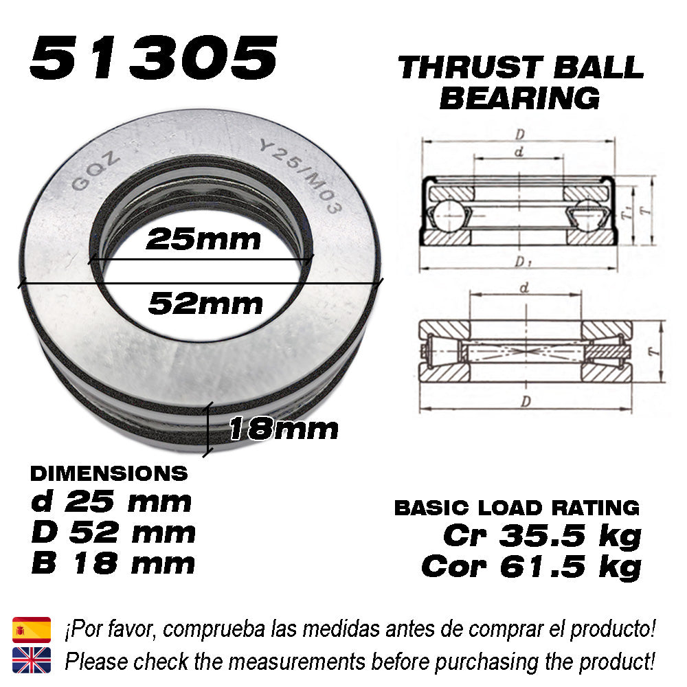 GQZ Bearing 51305 Rodamiento rígido axial de bolas 25x52x18mm Axial Ball Thrust Bearing rodamiento de bolas de empuje, rodamiento axial plano de vía convexa Peso 0.166kg |51305