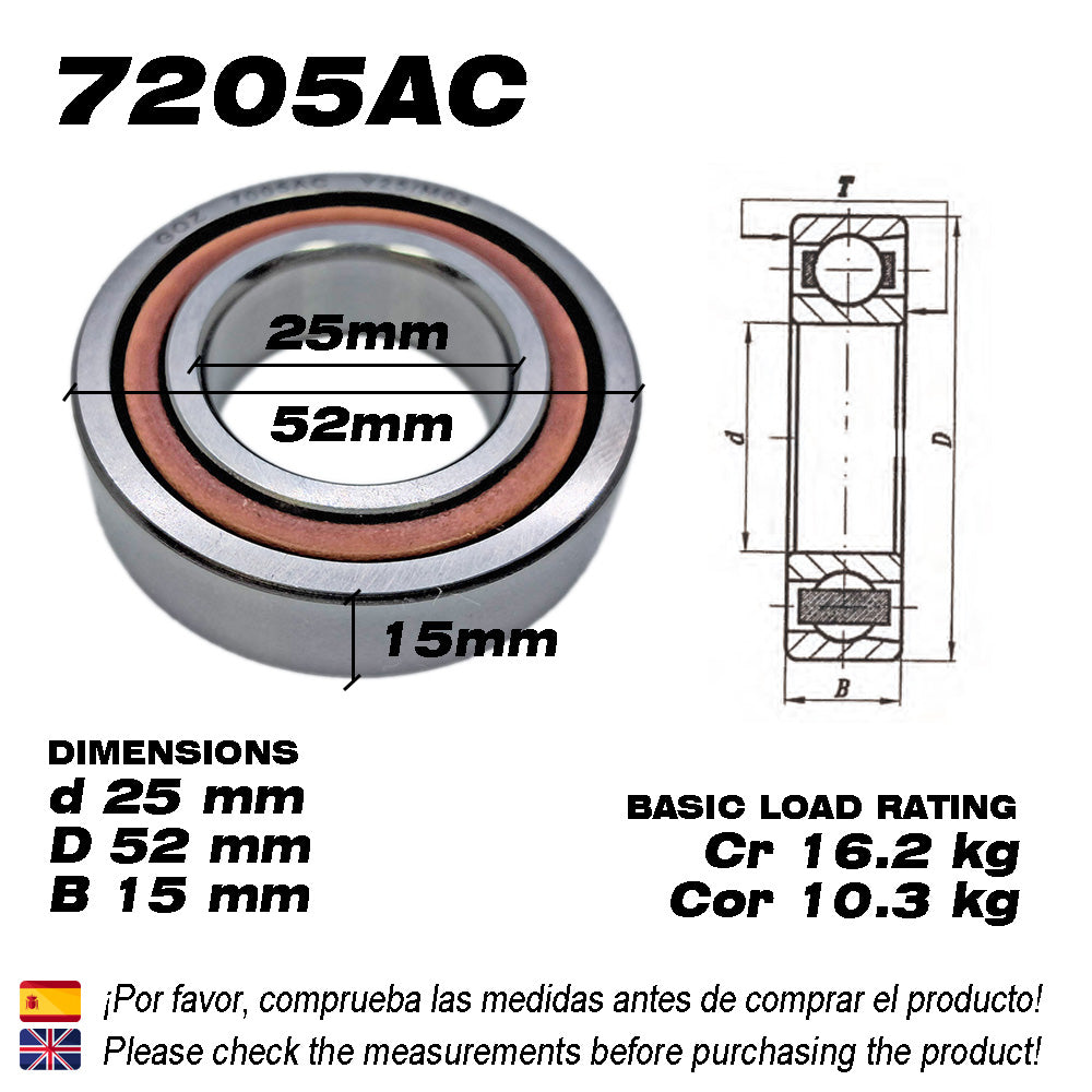 GQZ Bearing 7205AC Rodamiento de bolas de contacto angular 25x52x15mm Angular Contact Bearing Speed de una sola fila para bricolaje y dispositivos mecánicos diversos Peso 0.13kg |7205AC