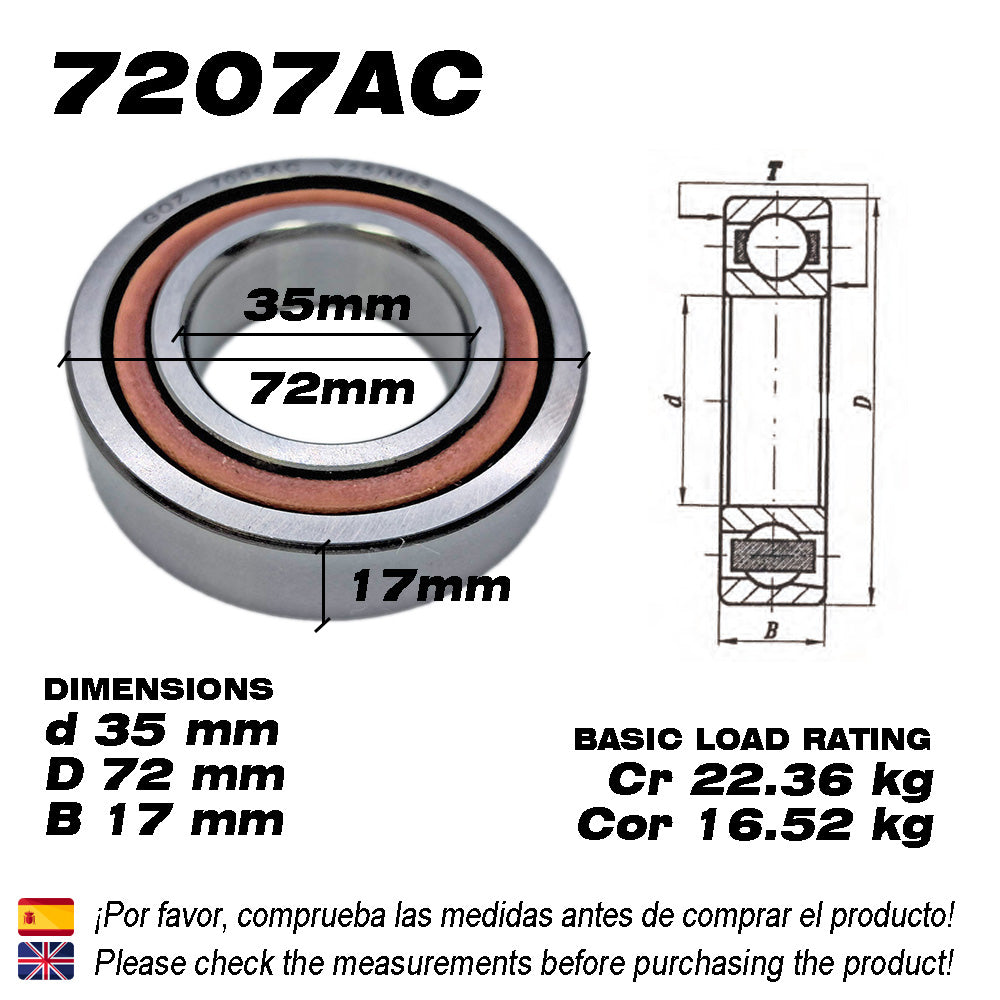 GQZ Bearing 7207AC Rodamiento de bolas de contacto angular 35x72x17mm Angular Contact Bearing Speed de una sola fila para bricolaje y dispositivos mecánicos diversos Peso 0.3kg |7207AC