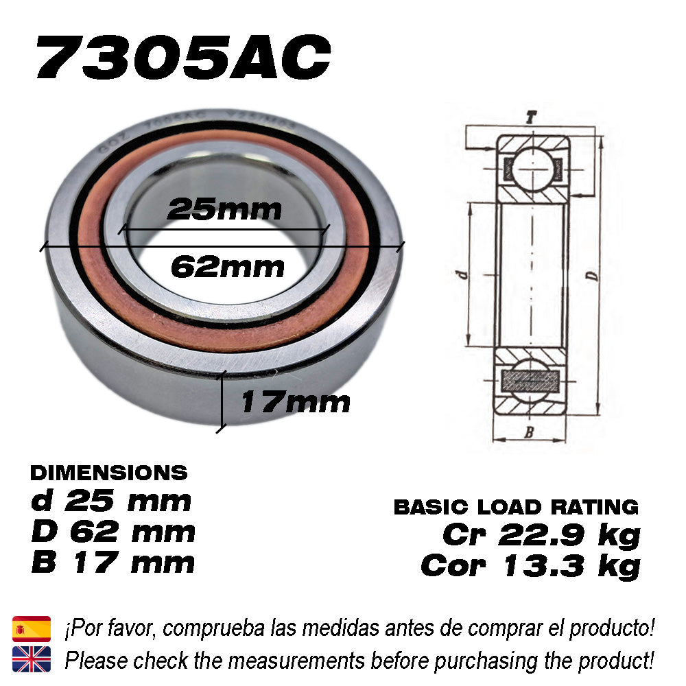 GQZ Bearing 7305AC Rodamiento de bolas de contacto angular 25x62x17mm Angular Contact Bearing Speed de una sola fila para bricolaje y dispositivos mecánicos diversos Peso 0.24kg |7305AC