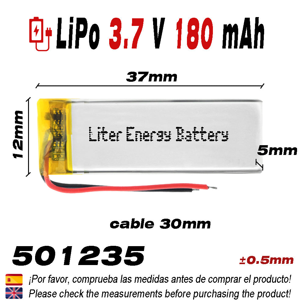 Batería 501235 LiPo 3.7V 180mAh 0.666Wh 1S 5C Liter Energy Battery para Electrónica Recargable teléfono portátil vídeo smartwatch Reloj GPS - No Apta para Radio Control 37x12x5mm (180mAh|501235)