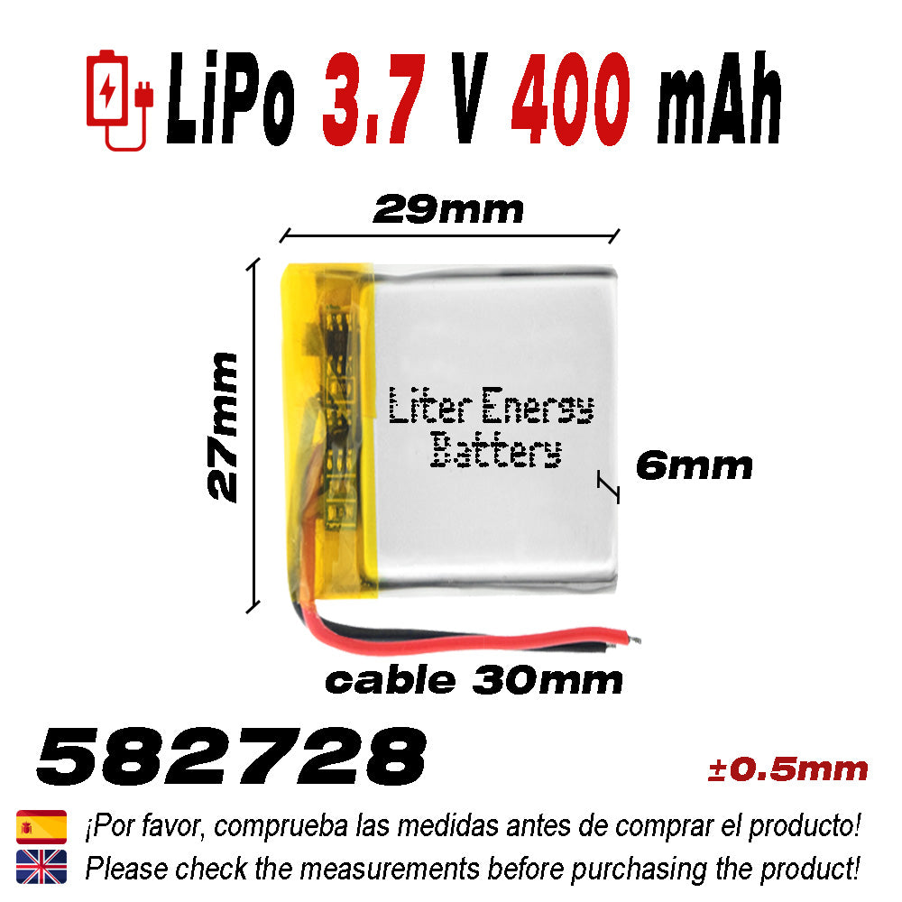 Batería 582728 LiPo 3.7V 400mAh 1.48Wh 1S 5C Liter Energy Battery para Electrónica Recargable teléfono portátil vídeo smartwatch Reloj GPS - No Apta para Radio Control 30x27x6mm (400mAh|582728)