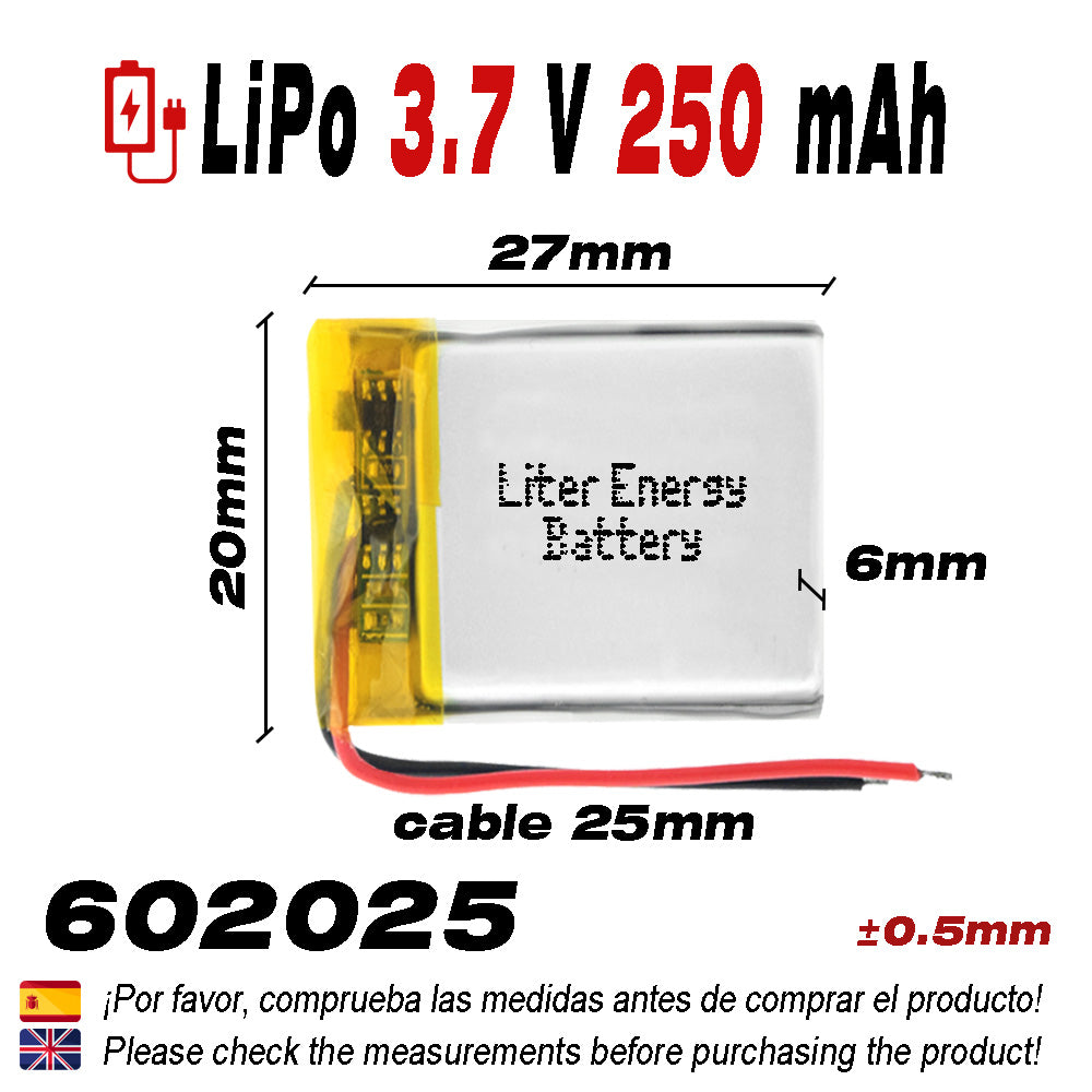 Batería 602025 LiPo 3.7V 250mAh 0.925Wh 1S 5C Liter Energy Battery para Electrónica Recargable teléfono portátil vídeo smartwatch Reloj GPS - No Apta para Radio Control 27x25x6mm (250mAh|602025)