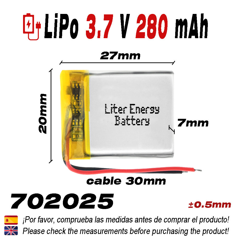 Batería 702025 LiPo 3.7V 280mAh 1.036Wh 1S 5C Liter Energy Battery para Electrónica Recargable teléfono portátil vídeo mp3 mp4 luz led GPS - No Apta para Radio Control 27x20x7mm (280mAh|702025)