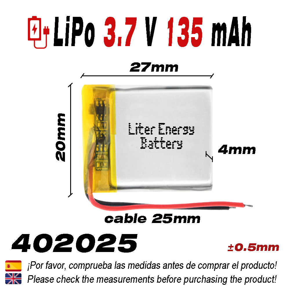 Batería 402025 LiPo 3.7V 135mAh 0.499Wh 1S 5C Liter Energy Battery para Electrónica Recargable teléfono portátil vídeo smartwatch Reloj GPS - No Apta para Radio Control 27x20x4mm (135mAh|402025)