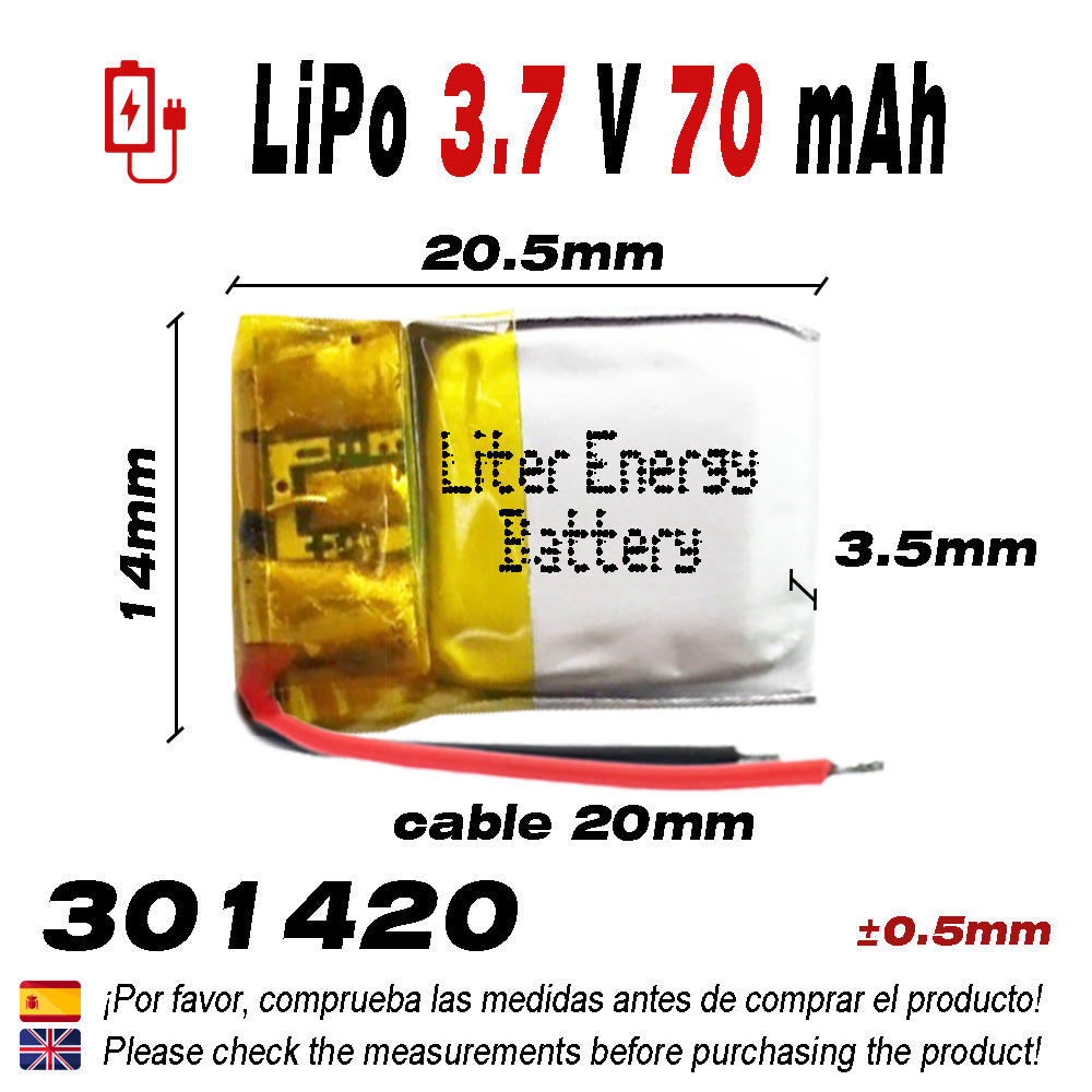 Batería 301420 LiPo 3.7V 70mAh 0.259Wh 1S 5C Liter Energy Battery para Electrónica Recargable teléfono portátil vídeo smartwatch Reloj GPS - No Apta para Radio Control 22x14x3mm (70mAh|301420)
