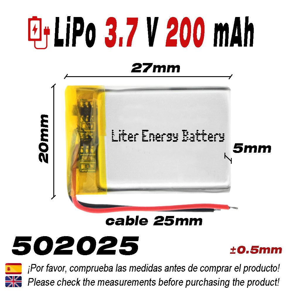 Batería 502025 LiPo 3.7V 200mAh 0.74Wh 1S 5C Liter Energy Battery para Electrónica Recargable teléfono portátil vídeo smartwatch Reloj GPS - No Apta para Radio Control 27x20x5mm (200mAh|502025)