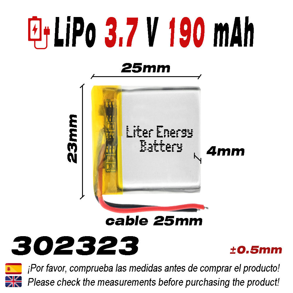 Batería 302323 LiPo 3.7V 190mAh 0.703Wh 1S 5C Liter Energy Battery para Electrónica Recargable teléfono portátil vídeo smartwatch Reloj GPS - No Apta para Radio Control 25x23x4mm (190mAh|302323)