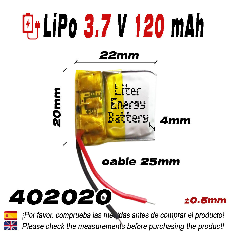 Batería 402020 LiPo 3.7V 120mAh 0.444Wh 1S 5C Liter Energy Battery para Electrónica Recargable teléfono portátil vídeo smartwatch Reloj GPS - No Apta para Radio Control 22x20x4mm (120mAh|402020)
