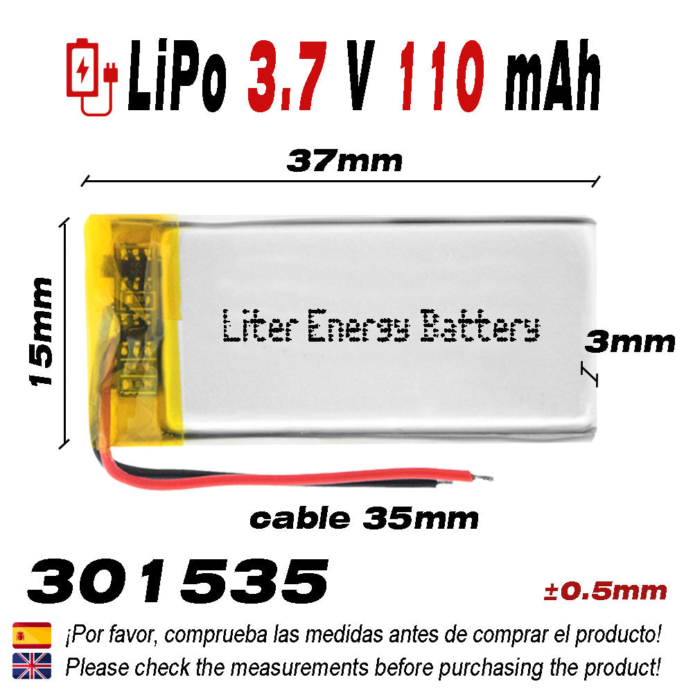 Batería 301535 LiPo 3.7V 110mAh 0.407Wh 1S 5C Liter Energy Battery para Electrónica Recargable teléfono portátil vídeo smartwatch Reloj GPS - No Apta para Radio Control 37x15x3mm (110mAh|301535)