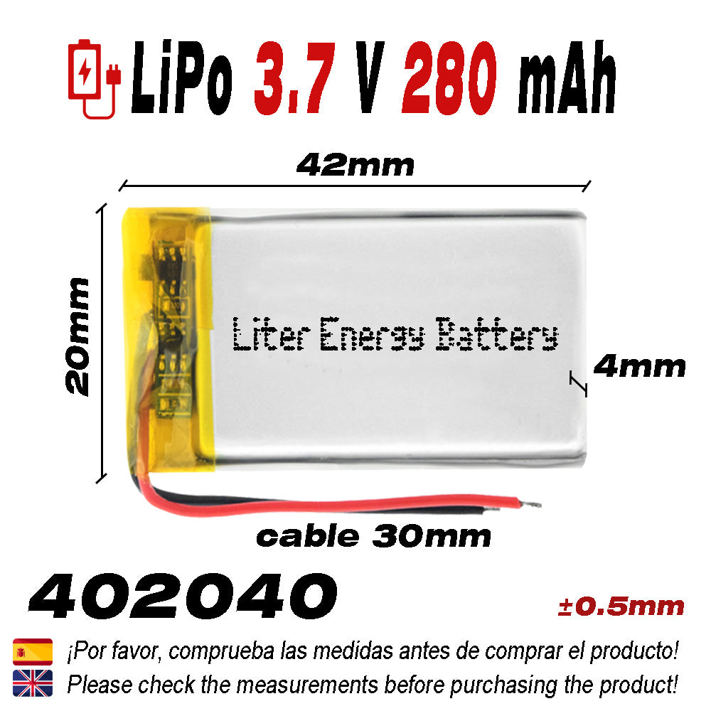 Batería 402040 LiPo 3.7V 280mAh 1.036Wh 1S 5C Liter Energy Battery para Electrónica Recargable teléfono portátil vídeo smartwatch Reloj GPS - No Apta para Radio Control 42x20x4mm (280mAh|402040)