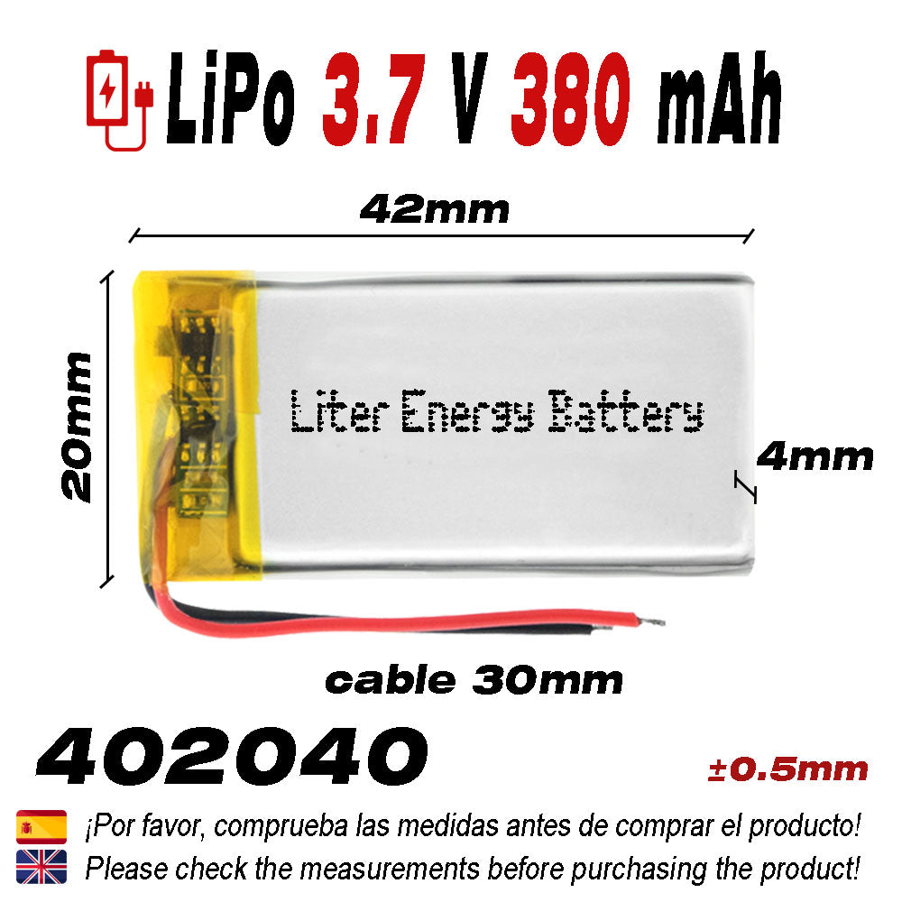 Batería 402040 LiPo 3.7V 380mAh 1.406Wh 1S 5C Liter Energy Battery para Electrónica Recargable teléfono portátil vídeo smartwatch Reloj GPS - No Apta para Radio Control 42x20x4mm (380mAh|402040)