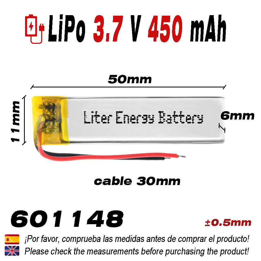 Batería 601148 LiPo 3.7V 450mAh 1.665Wh 1S 5C Liter Energy Battery para Electrónica Recargable teléfono portátil vídeo smartwatch Reloj GPS - No Apta para Radio Control 50x11x6mm (450mAh|601148)