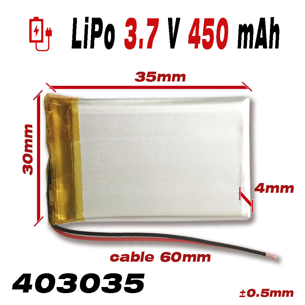 Batería 403035 LiPo 3.7V 450mAh 1.665Wh 1S 5C Liter Energy Battery para Electrónica Recargable teléfono portátil vídeo smartwatch Reloj GPS - No Apta para Radio Control 37x30x4mm (450mAh|403035)