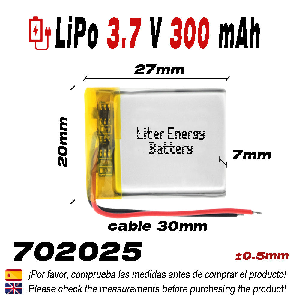 Batería 702025 LiPo 3.7V 300mAh 1.11Wh 1S 5C Liter Energy Battery para Electrónica Recargable teléfono portátil vídeo smartwatch Reloj GPS - No Apta para Radio Control 27x20x7mm (300mAh|702025)