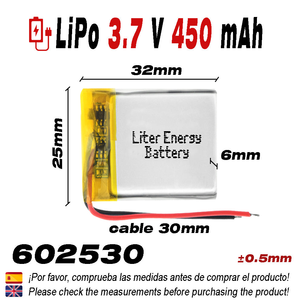 Batería 602530 LiPo 3.7V 450mAh 1.665Wh 1S 5C Liter Energy Battery para Electrónica Recargable teléfono portátil vídeo smartwatch Reloj GPS - No Apta para Radio Control 32x25x6mm (450mAh|602530)