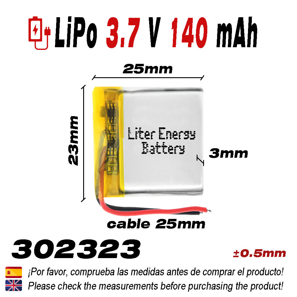 Batería 302323 LiPo 3.7V 140mAh 0.518Wh 1S 5C Liter Energy Battery para Electrónica Recargable teléfono portátil vídeo smartwatch Reloj GPS - No Apta para Radio Control 25x23x3mm (140mAh|302323)