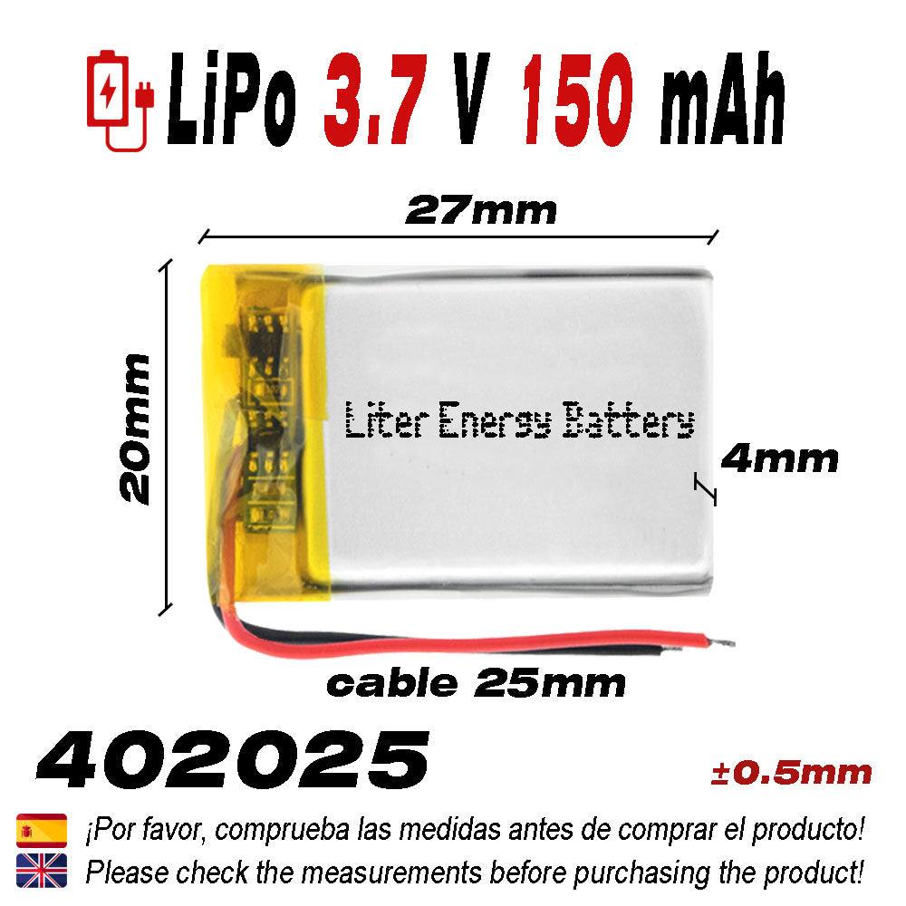 BATERÍA 402025 LiPo 3.7V 150mAh 1S 0.555Wh Polímero Litio Recargable Electrónica