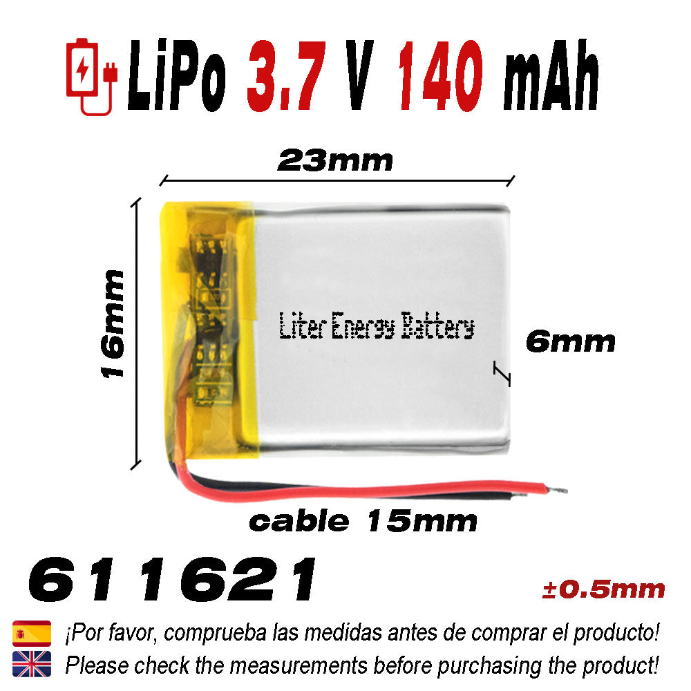 Batería 611621 LiPo 3.7V 140mAh 0.518Wh 1S 5C Liter Energy Battery para Electrónica Recargable teléfono portátil vídeo smartwatch Reloj GPS - No Apta para Radio Control 23x16x6mm (140mAh|611621)