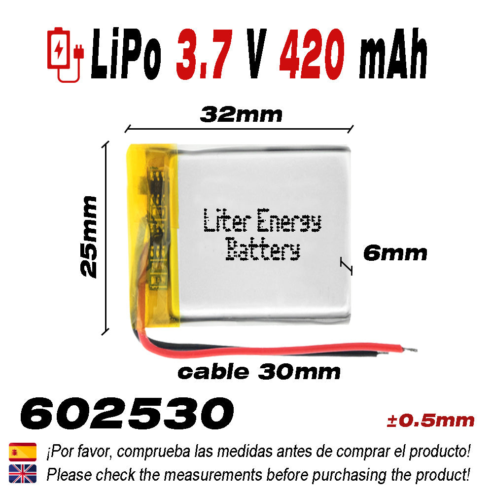 Batería 602530 LiPo 3.7V 420mAh 1.554Wh 1S 5C Liter Energy Battery para Electrónica Recargable teléfono portátil vídeo smartwatch Reloj GPS - No Apta para Radio Control 32x25x6mm (420mAh|602530)