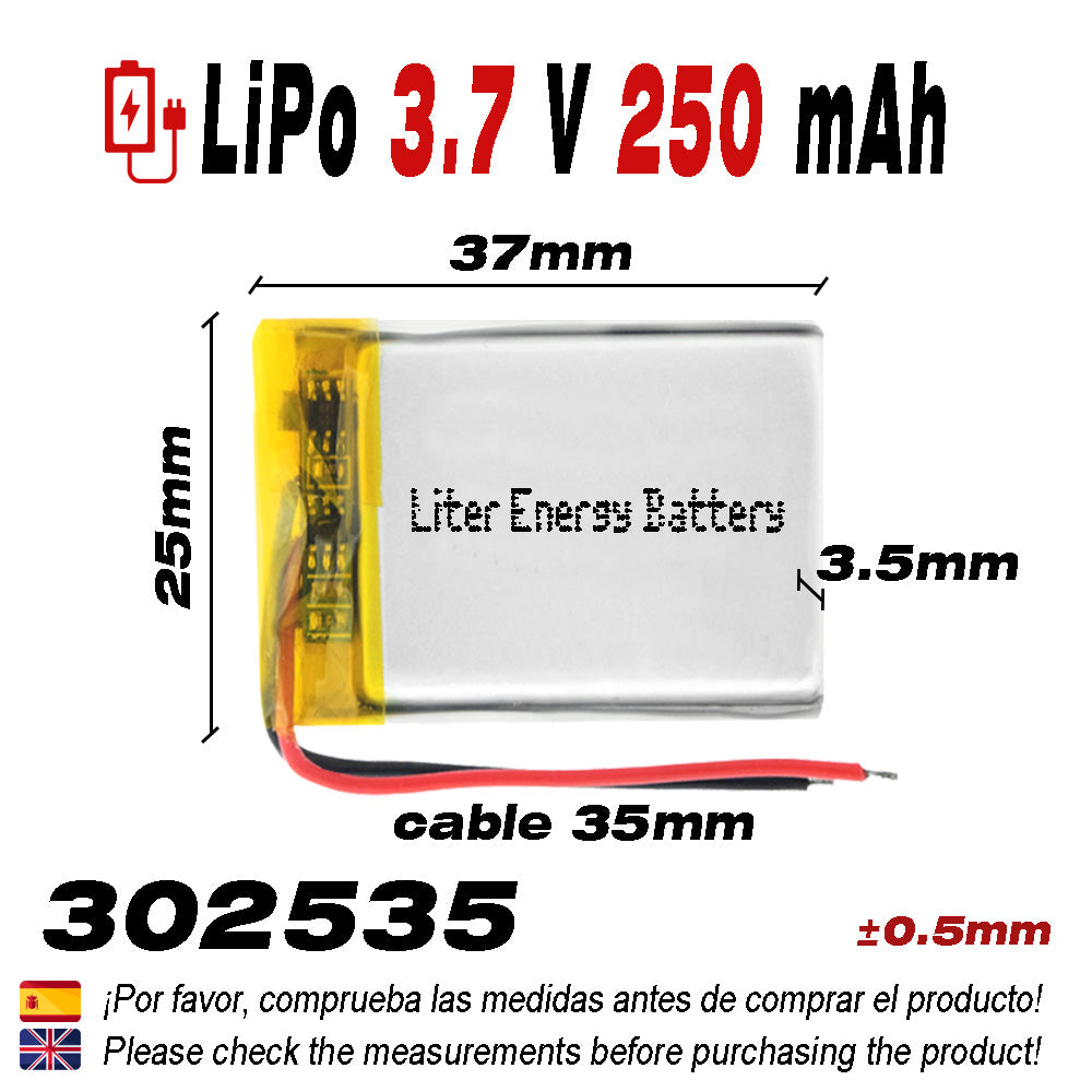 Batería 302535 LiPo 3.7V 250mAh 0.925Wh 1S 5C Liter Energy Battery para Electrónica Recargable teléfono portátil vídeo smartwatch Reloj GPS - No Apta para Radio Control 37x25x4mm (250mAh|302535)