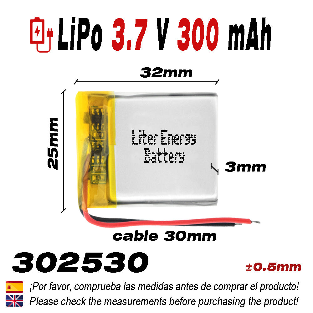 Batería 302530 LiPo 3.7V 300mAh 1.11Wh 1S 5C Liter Energy Battery para Electrónica Recargable teléfono portátil vídeo smartwatch Reloj GPS - No Apta para Radio Control 32x25x4mm (300mAh|302530)