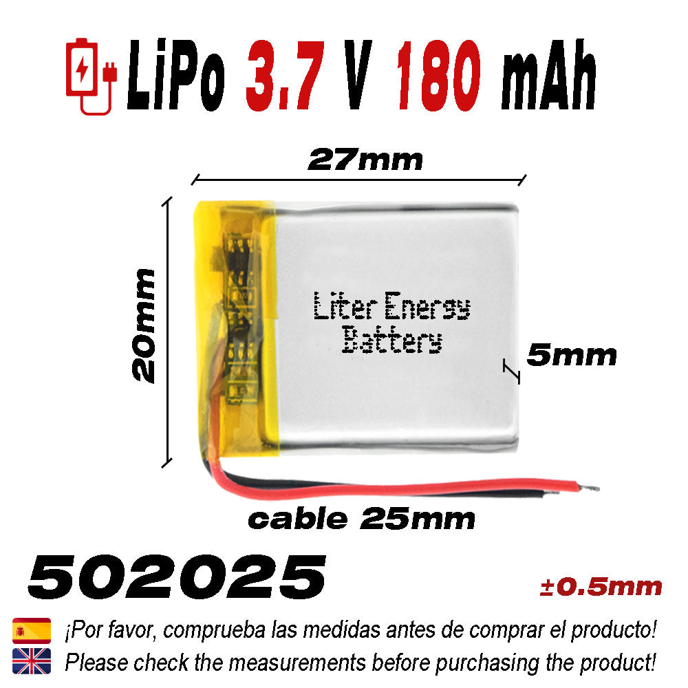 Batería 502025 LiPo 3.7V 180mAh 0.666Wh 1S 5C Liter Energy Battery para Electrónica Recargable teléfono portátil vídeo smartwatch Reloj GPS - No Apta para Radio Control 27x20x5mm (180mAh|502025)