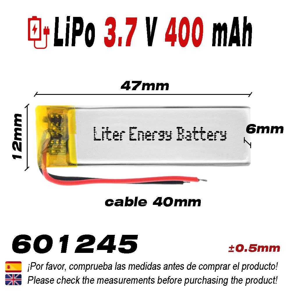 Batería 601245 LiPo 3.7V 400mAh 1.48Wh 1S 5C Liter Energy Battery para Electrónica Recargable teléfono portátil vídeo smartwatch Reloj GPS - No Apta para Radio Control 47x12x6mm (400mAh|601245)