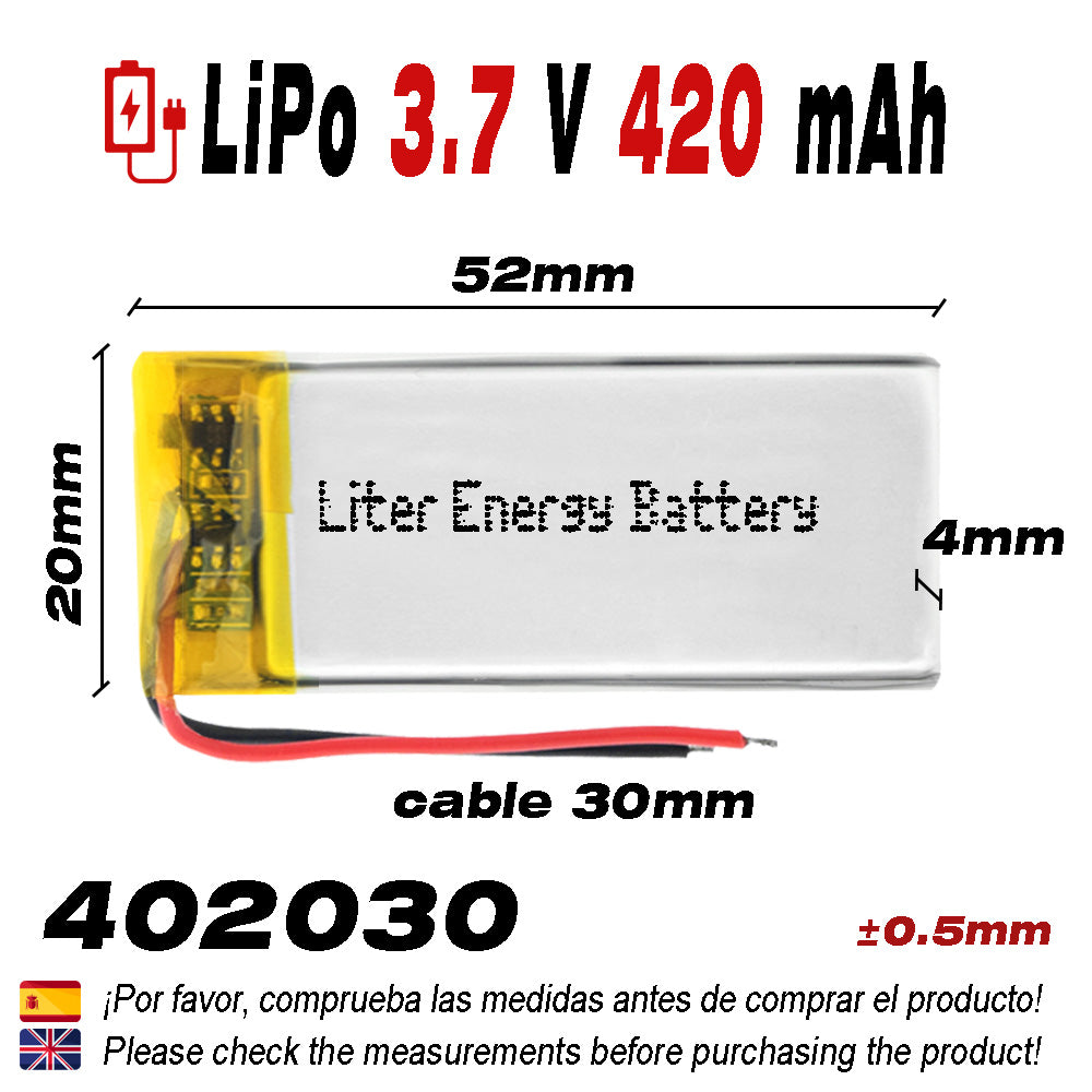 Batería 402050 LiPo 3.7V 420mAh 1.554Wh 1S 5C Liter Energy Battery para Electrónica Recargable teléfono portátil vídeo smartwatch Reloj GPS - No Apta para Radio Control 52x20x4mm (420mAh|402050)