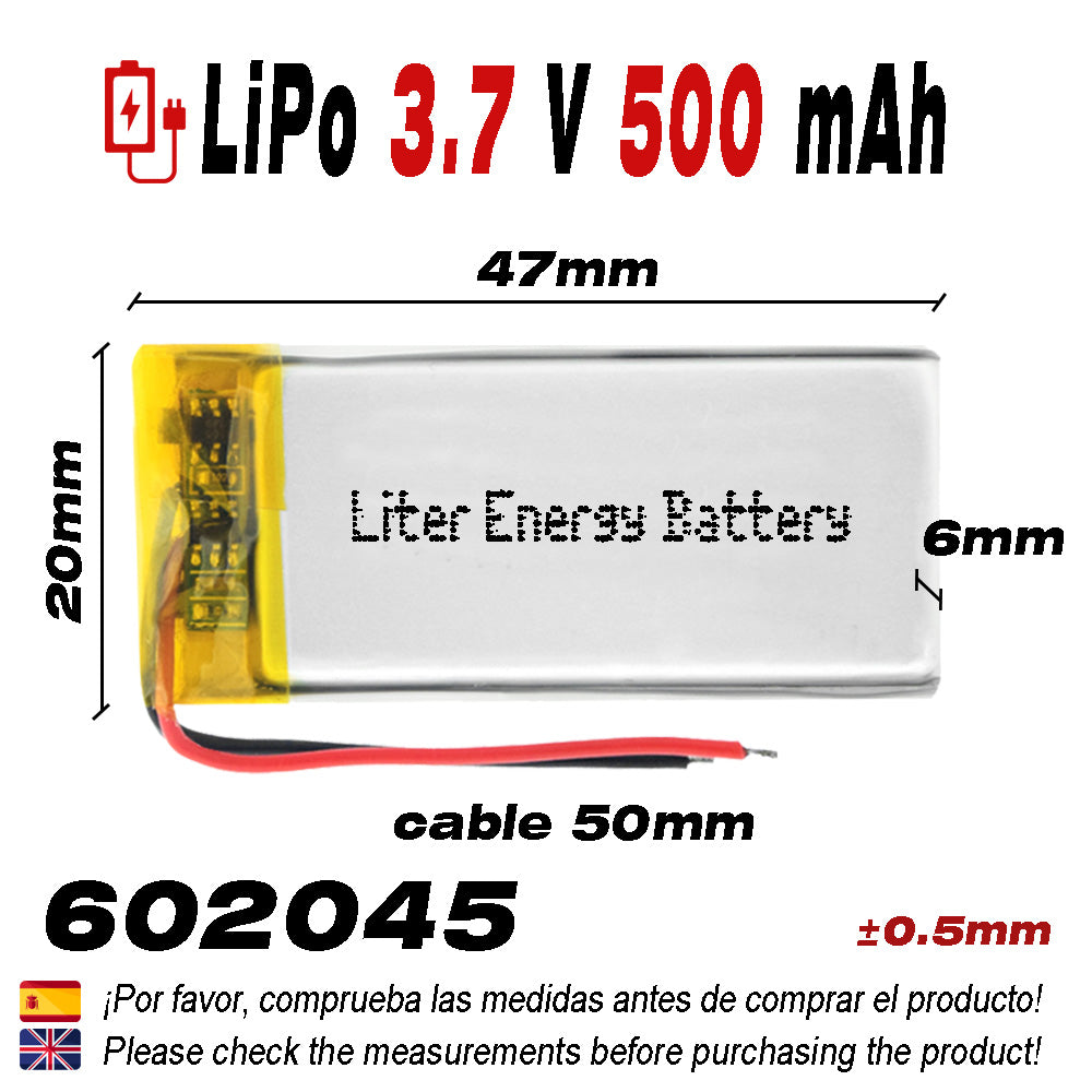 Batería 602045 LiPo 3.7V 500mAh 1.85Wh 1S 5C Liter Energy Battery para Electrónica Recargable teléfono portátil vídeo smartwatch reloj GPS - No apta para Radio Control 47x20x6mm (500mAh|602045)