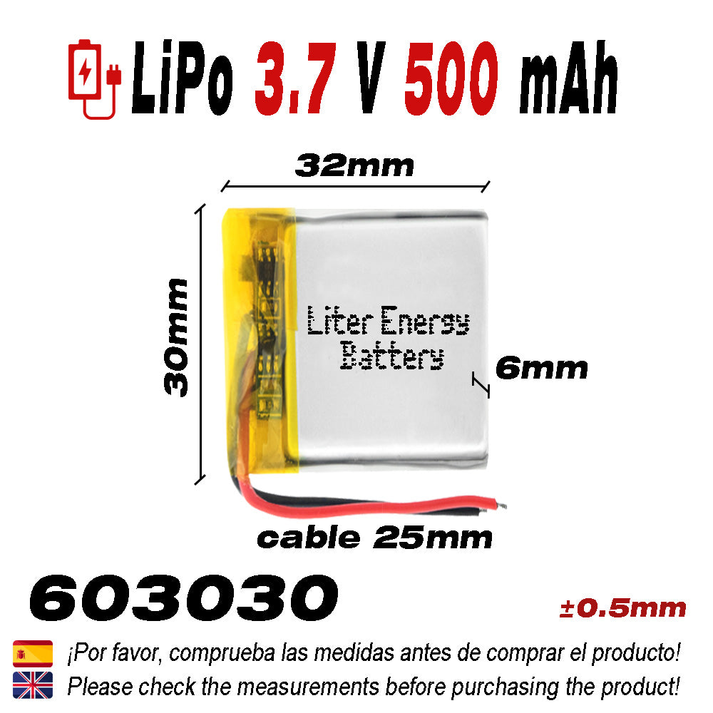 Batería 603030 LiPo 3.7V 500mAh 1.85Wh 1S 5C Liter Energy Battery para Electrónica Recargable teléfono portátil vídeo smartwatch reloj GPS - No apta para Radio Control 32x30x6mm (500mAh|603030)