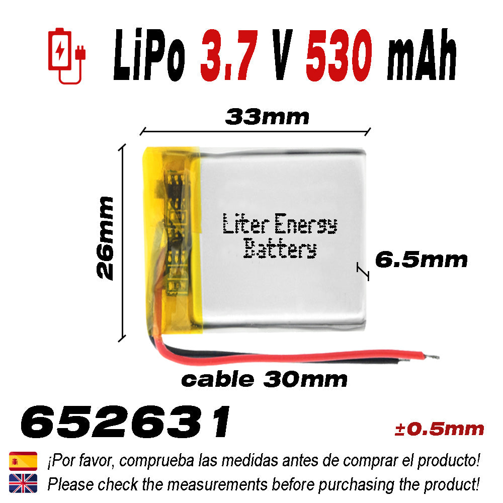 Batería 652631 LiPo 3.7V 530mAh 1.961Wh 1S 5C Liter Energy Battery para Electrónica Recargable teléfono portátil vídeo smartwatch reloj GPS - No apta para Radio Control 33x26x6.5mm (530mAh|652631)