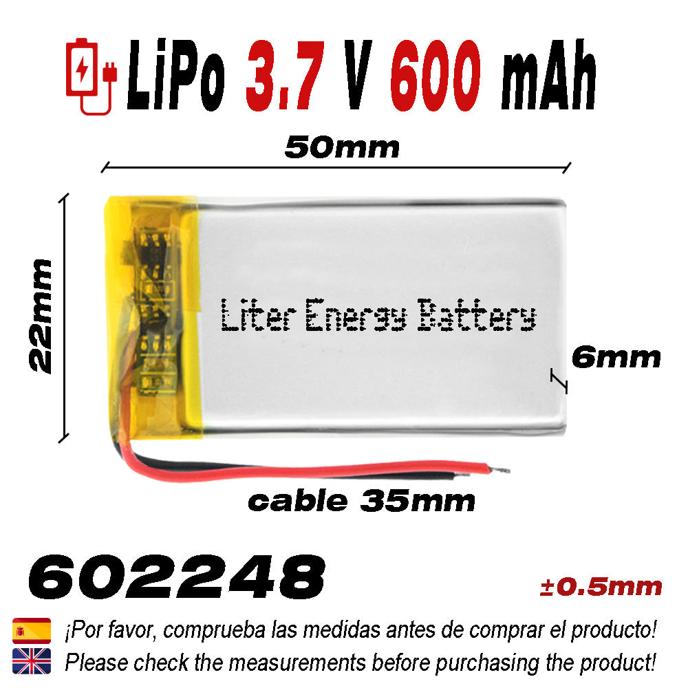 Batería 602248 LiPo 3.7V 600mAh 2.22Wh 1S 5C Liter Energy Battery para Electrónica Recargable teléfono portátil vídeo smartwatch reloj GPS - No apta para Radio Control 50x22x6mm (600mAh|602248)