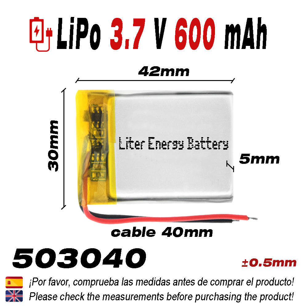 Batería 503040 LiPo 3.7V 600mAh 2.22Wh 1S 5C Liter Energy Battery para Electrónica Recargable teléfono portátil vídeo smartwatch reloj GPS - No apta para Radio Control 42x30x5mm (600mAh|503040)